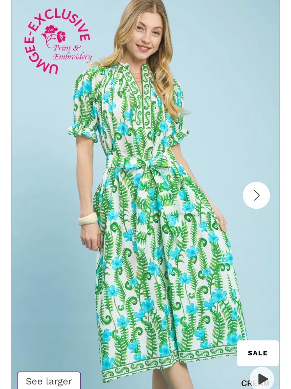 Umgee Green & Blue Floral Tie-Waist Midi Dress